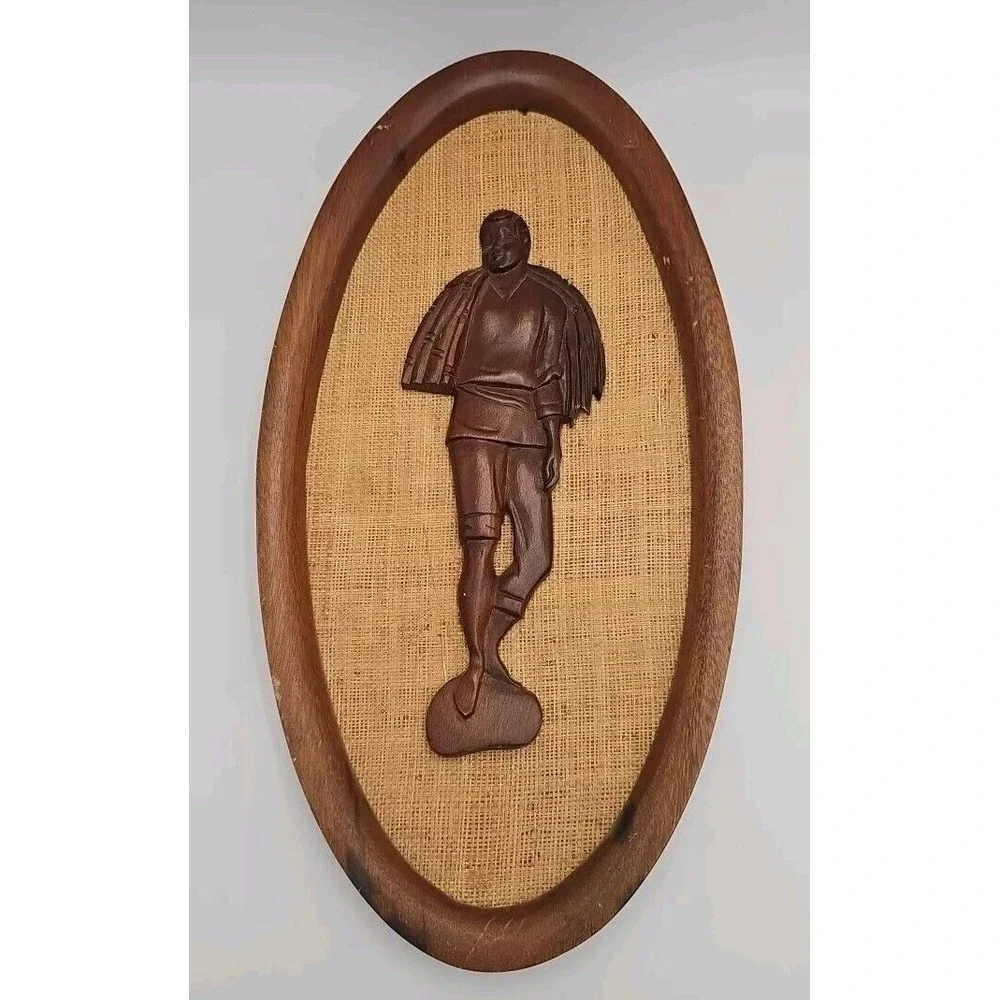 Vintage Hand-Carved Teak Wood Wall Art Oval‎ Shaped Woven Backgrounds MCM
